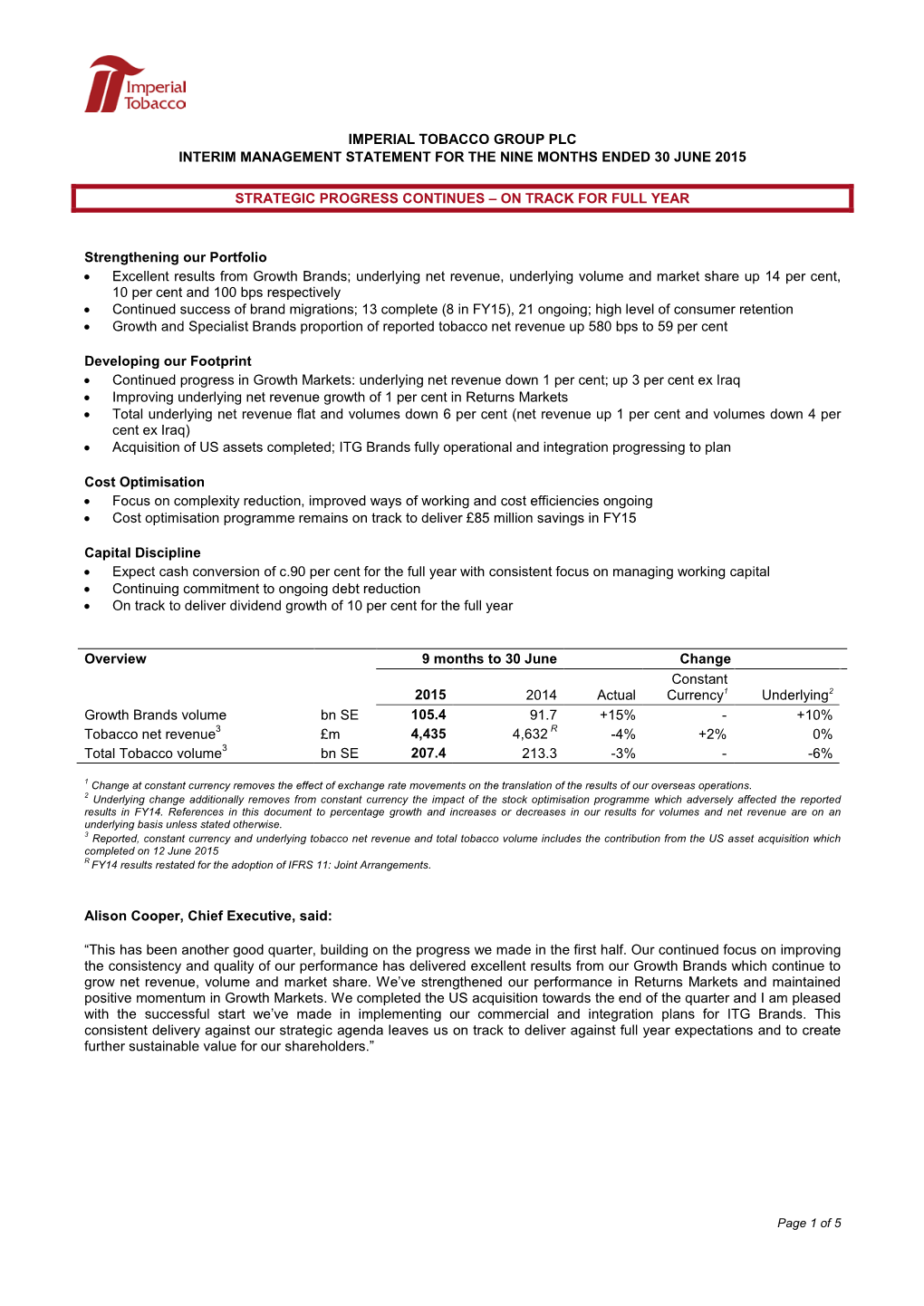 Imperial Tobacco Group Plc Interim Management Statement for the Nine Months Ended 30 June 2015