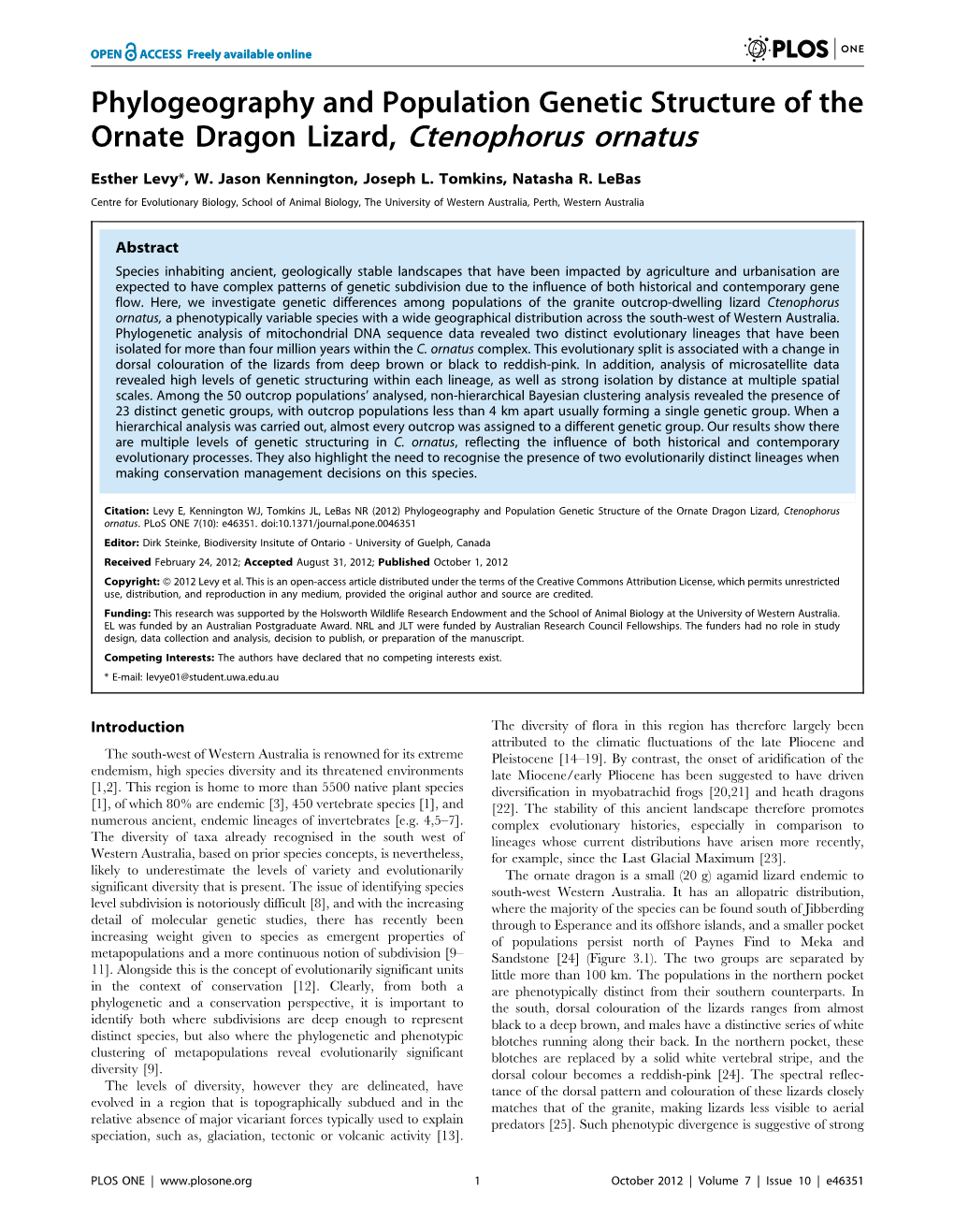 Phylogeography and Population Genetic Structure of the Ornate Dragon Lizard, Ctenophorus Ornatus