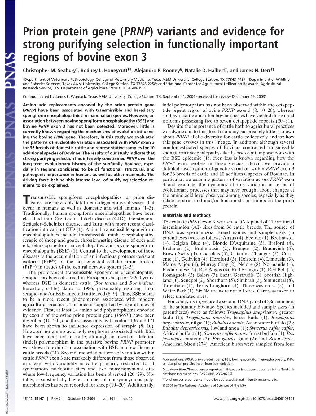 Prion Protein Gene (PRNP) Variants and Evidence for Strong Purifying Selection in Functionally Important Regions of Bovine Exon 3