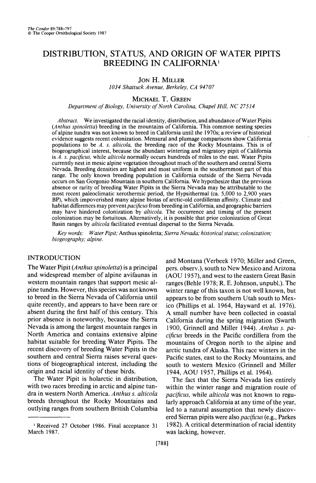 Distribution, Status, and Origin of Water Pipits Breeding in California ’