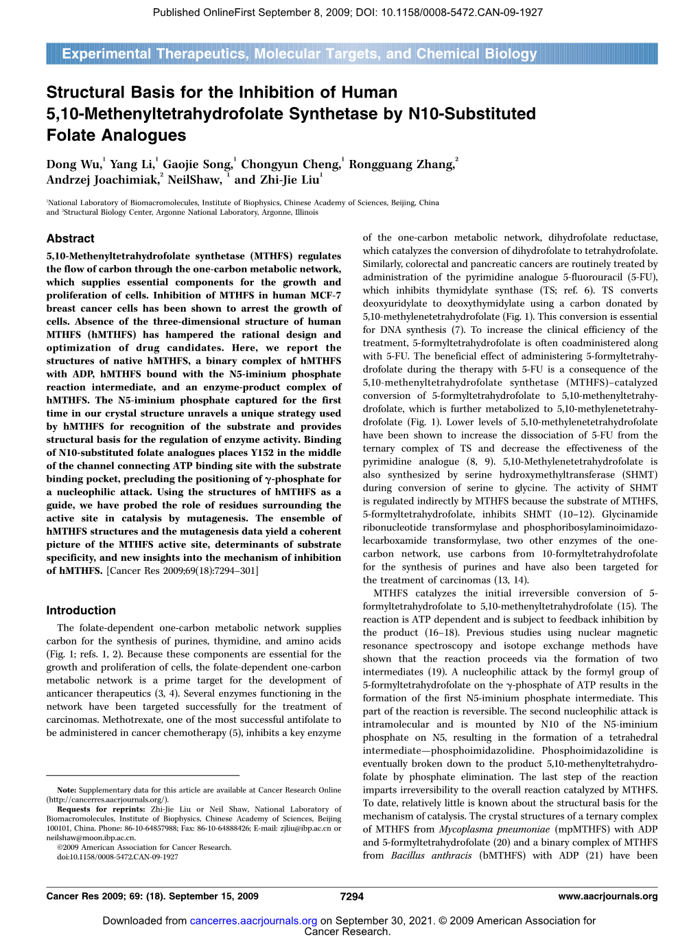 Structural Basis for the Inhibition of Human 5,10-Methenyltetrahydrofolate Synthetase by N10-Substituted Folate Analogues