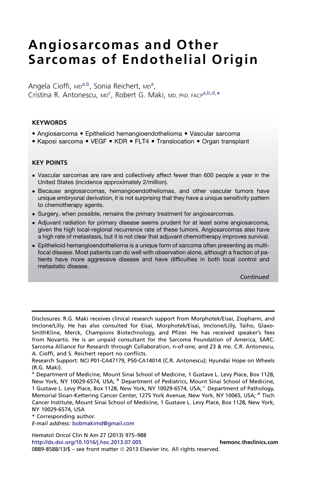 Angiosarcomas and Other Sarcomas of Endothelial Origin