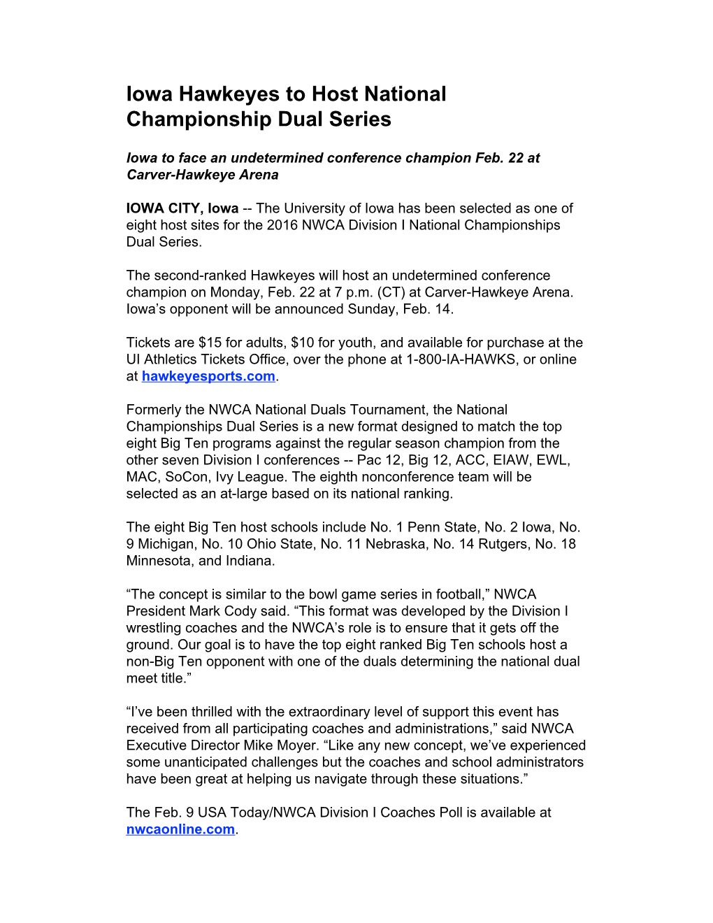 Iowa Hawkeyes to Host National Championship Dual Series