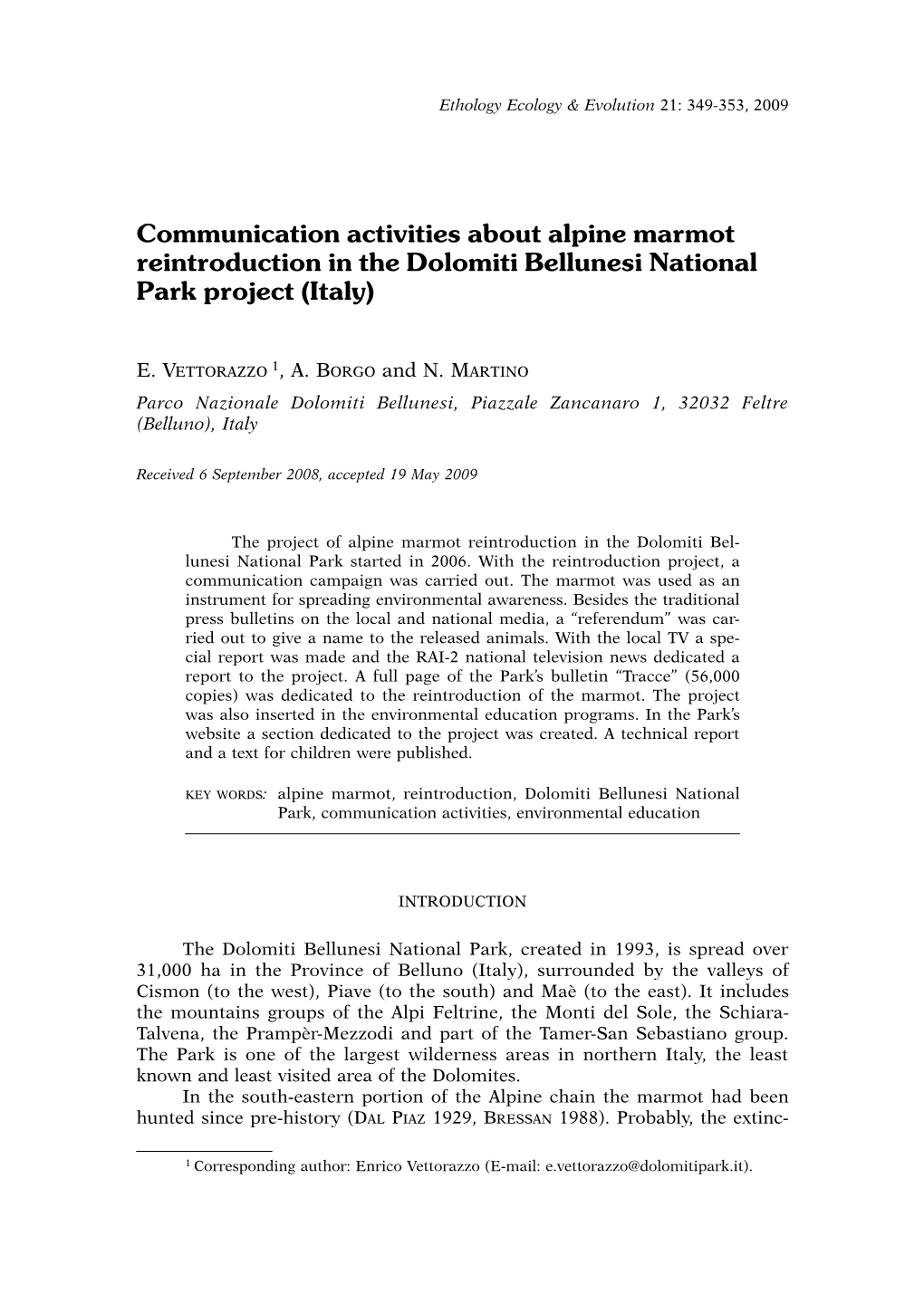 Communication Activities About Alpine Marmot Reintroduction in the Dolomiti Bellunesi National Park Project (Italy)