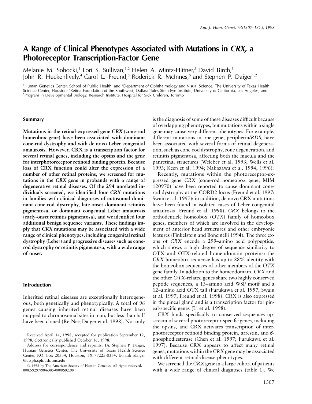 A Range of Clinical Phenotypes Associated with Mutations in CRX, a Photoreceptor Transcription-Factor Gene Melanie M