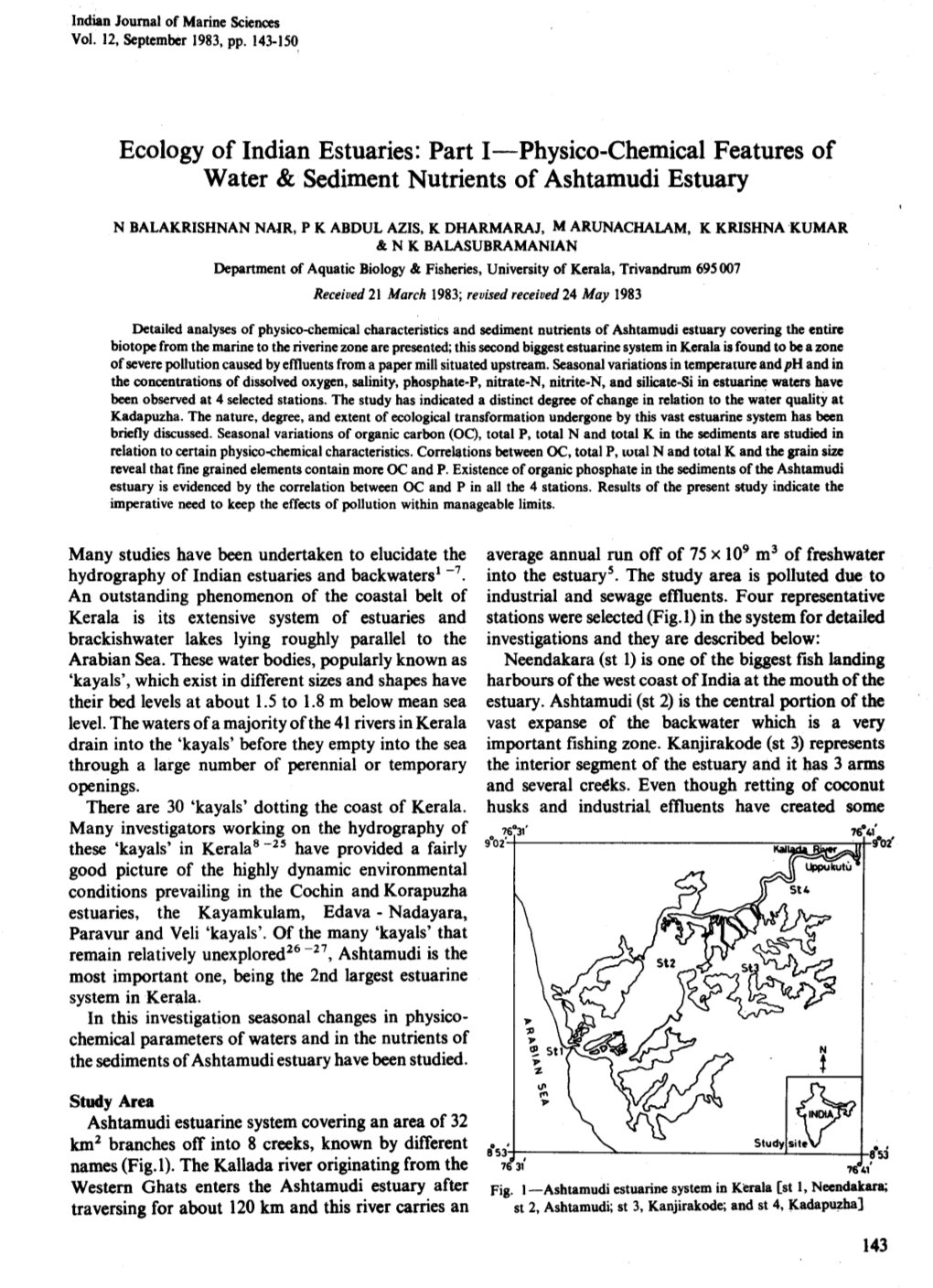 Ecology of Indian Estuaries: Part I-Physico-Chemical Features of Water & Sediment Nutrients of Ashtamudi Estuary