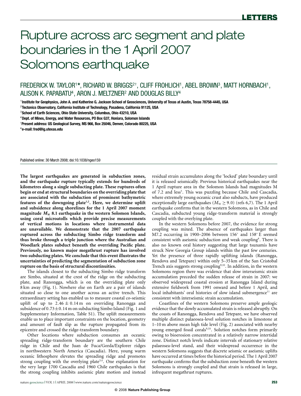 Rupture Across Arc Segment and Plate Boundaries in the 1 April 2007 Solomons Earthquake