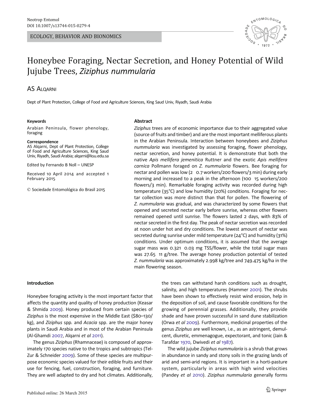 Honeybee Foraging, Nectar Secretion, and Honey Potential of Wild Jujube Trees, Ziziphus Nummularia