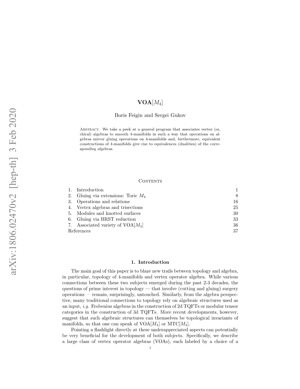 Arxiv:1806.02470V2 [Hep-Th] 3 Feb 2020 in Particular, Topology of 4-Manifolds and Vertex Operator Algebra