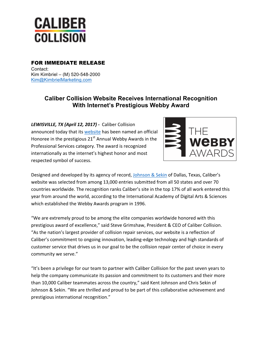 Caliber Collision Website Receives International Recognition with Internet’S Prestigious Webby Award