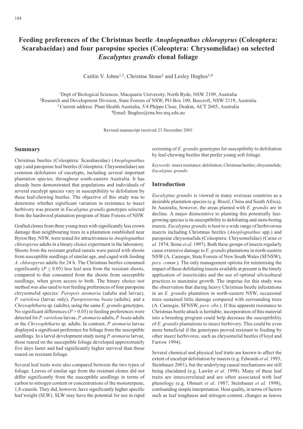 Feeding Preferences of the Christmas Beetle Anoplognathus Chloropyrus