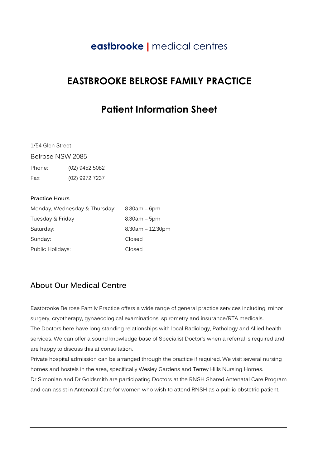 EASTBROOKE BELROSE FAMILY PRACTICE Patient Information Sheet