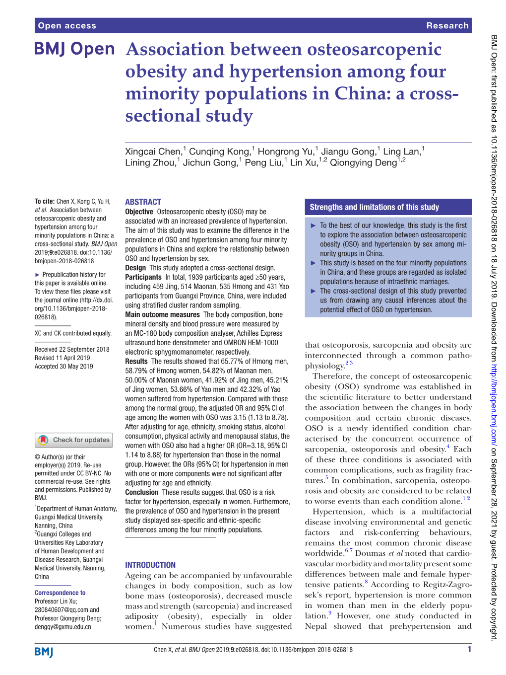 Association Between Osteosarcopenic Obesity and Hypertension Among Four Minority Populations in China: a Cross- Sectional Study
