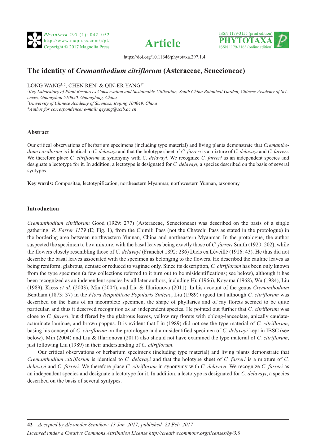 The Identity of Cremanthodium Citriflorum (Asteraceae, Senecioneae)