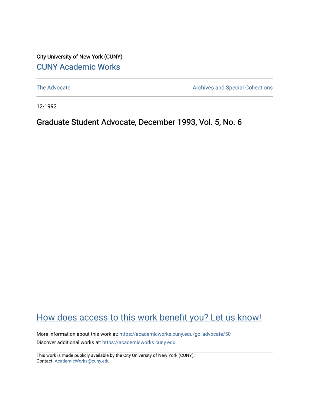 Graduate Student Advocate, December 1993, Vol. 5, No. 6