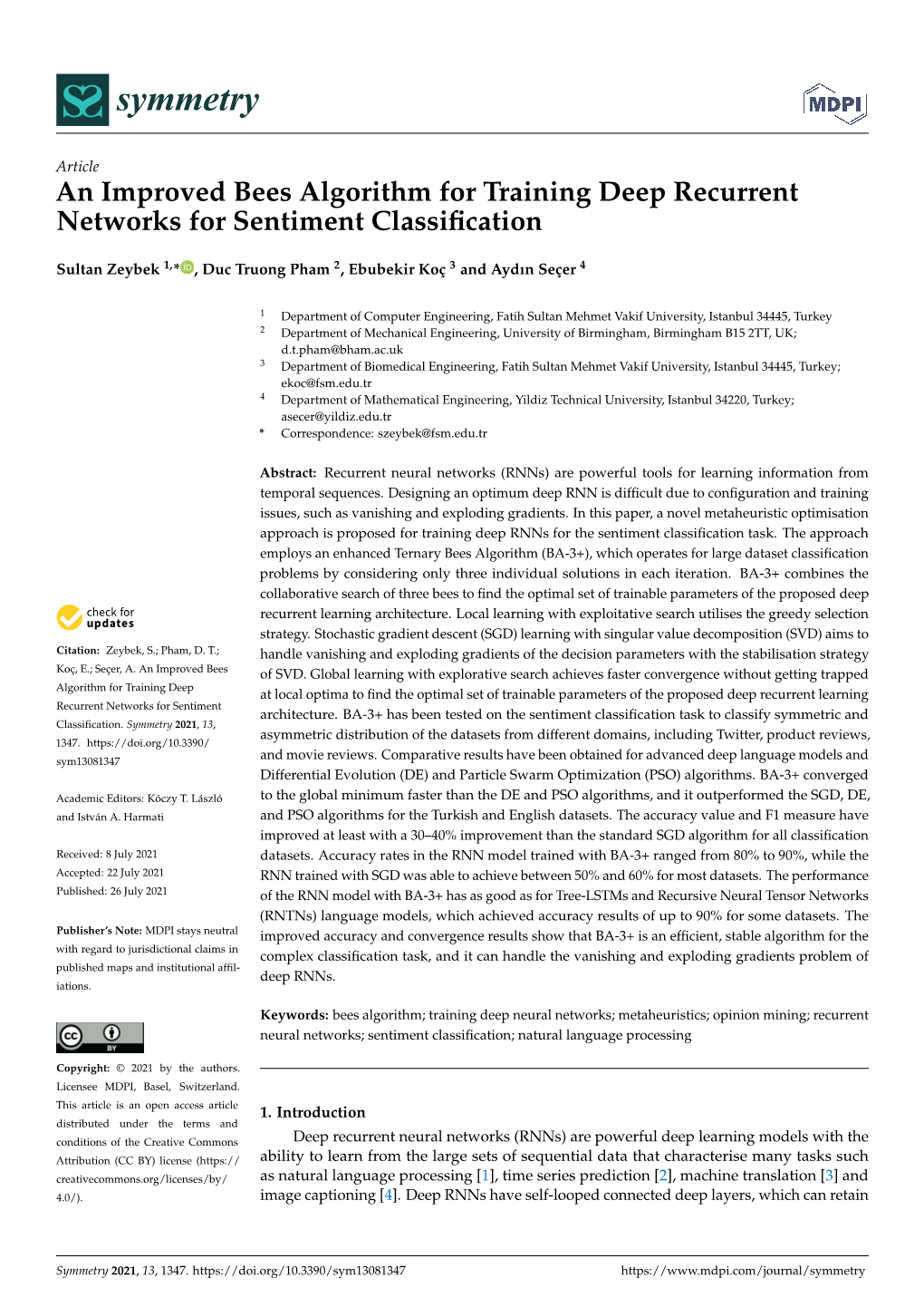 An Improved Bees Algorithm for Training Deep Recurrent Networks for Sentiment Classiﬁcation