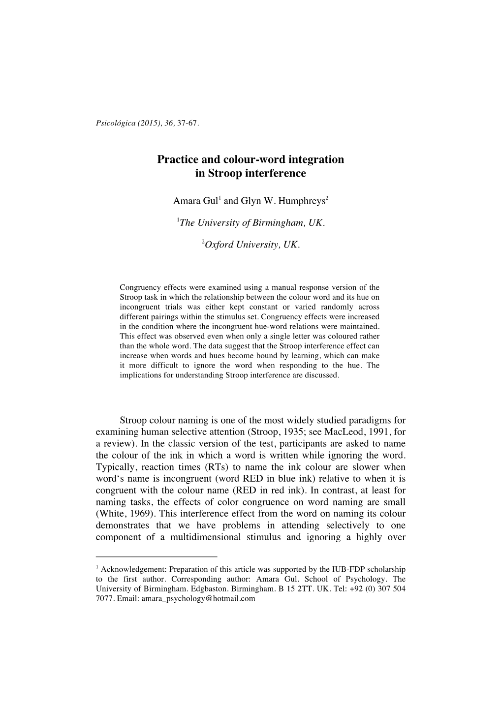 Practice and Colour-Word Integration in Stroop Interference