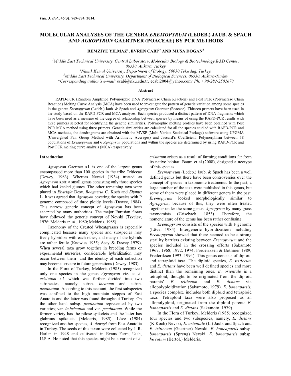 Molecular Analyses of the Genera Eremopyrum (Ledeb.) Jaub