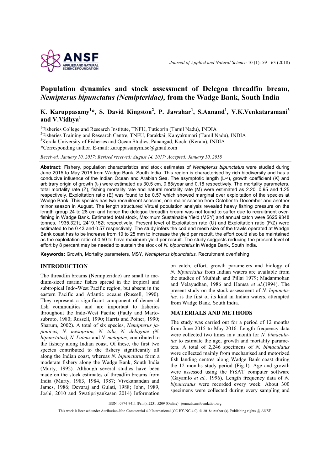 Population Dynamics and Stock Assessment of Delegoa Threadfin Bream, Nemipterus Bipunctatus (Nemipteridae), from the Wadge Bank, South India
