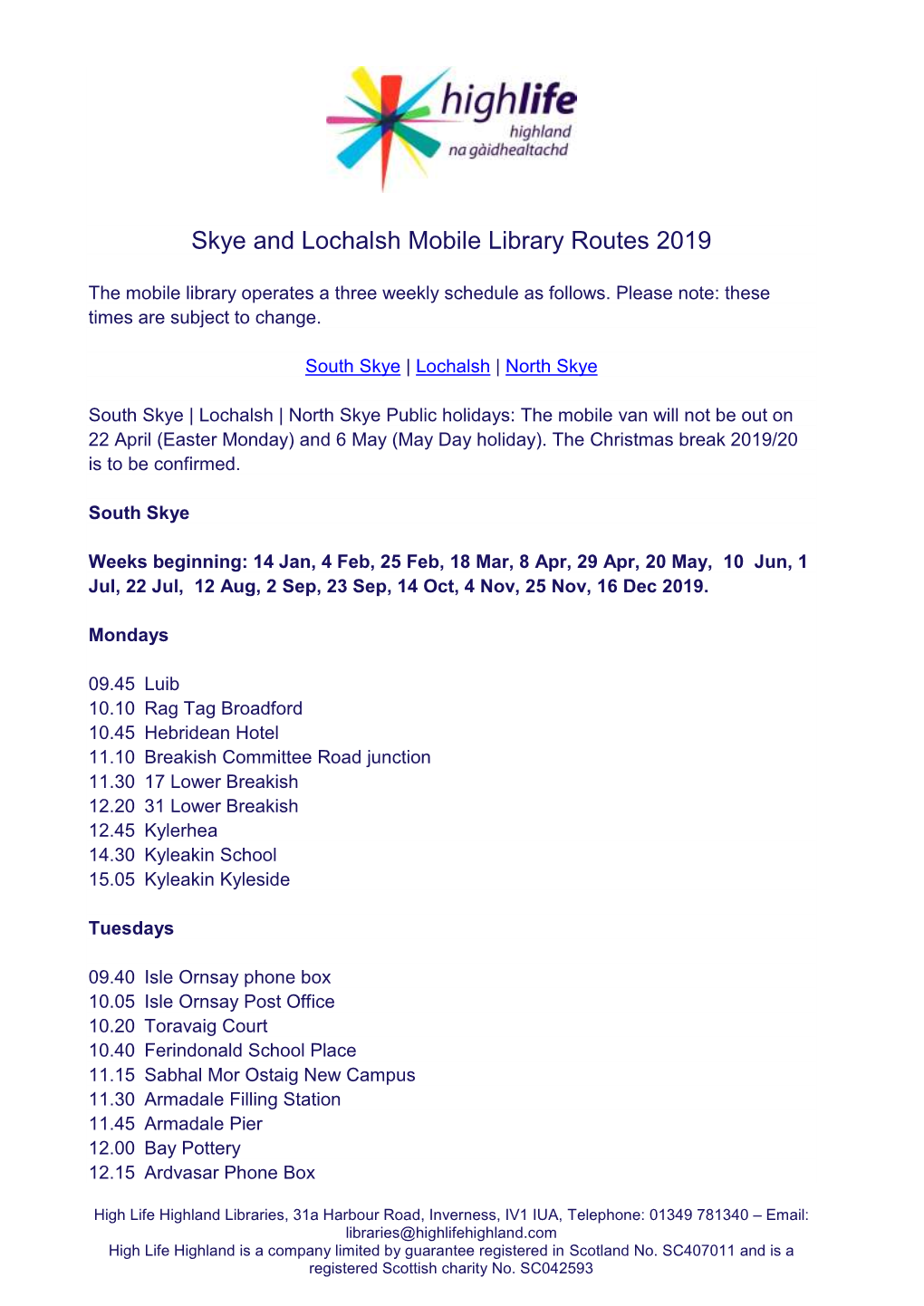 Skye and Lochalsh Mobile Library Routes 2019