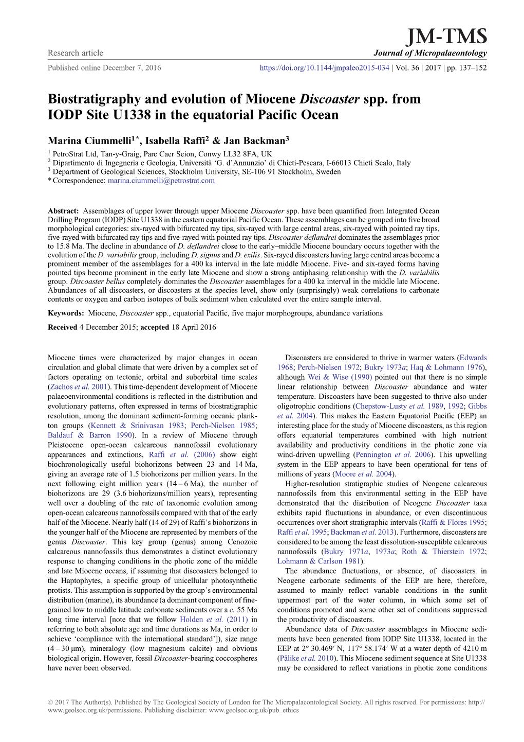 Biostratigraphy and Evolution of Miocene Discoaster Spp. from IODP Site U1338 in the Equatorial Pacific Ocean