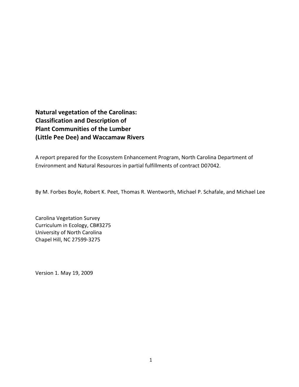 Natural Vegetation of the Carolinas: Classification and Description of Plant Communities of the Lumber (Little Pee Dee) and Waccamaw Rivers