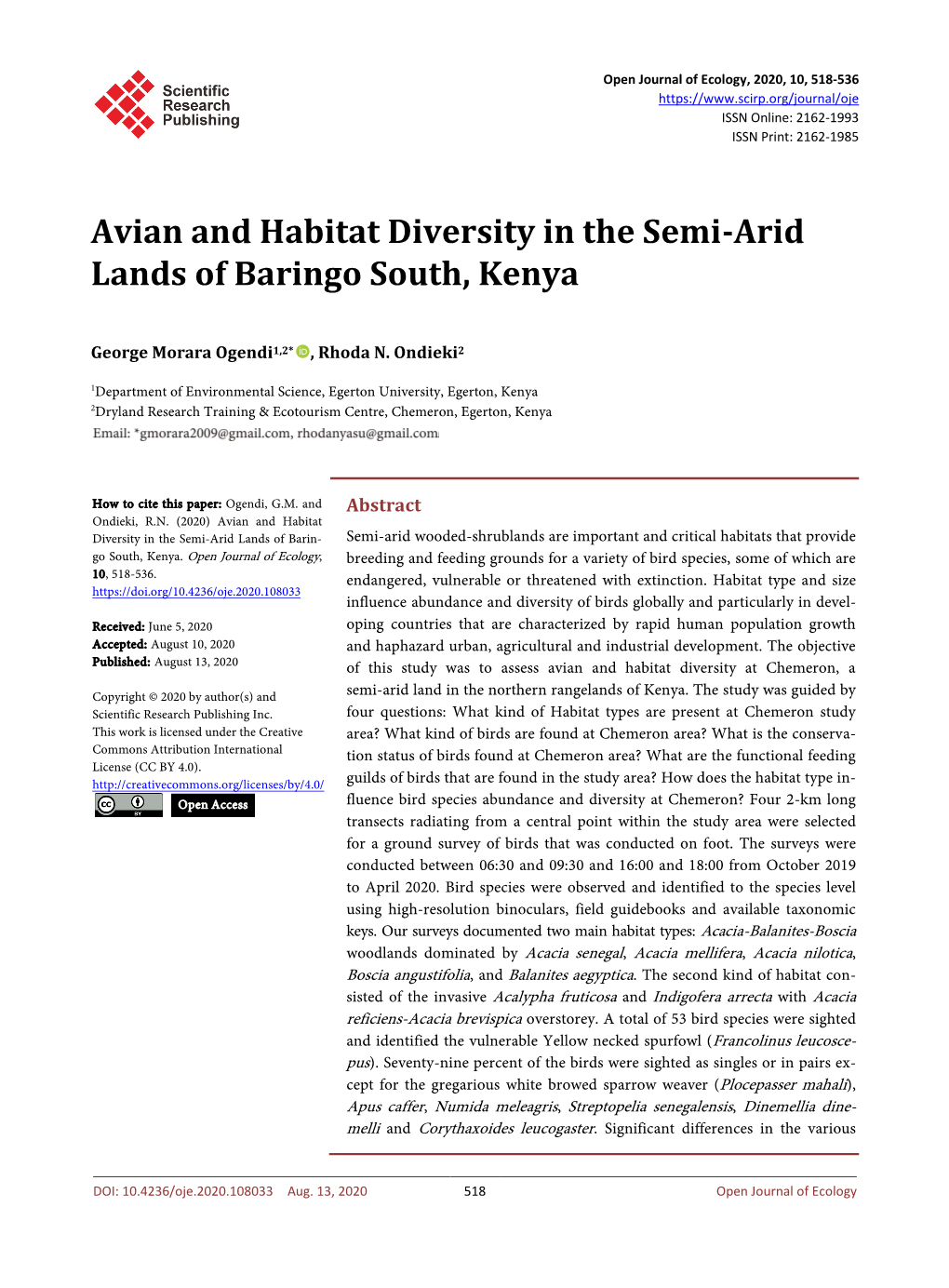 Avian and Habitat Diversity in the Semi-Arid Lands of Baringo South, Kenya