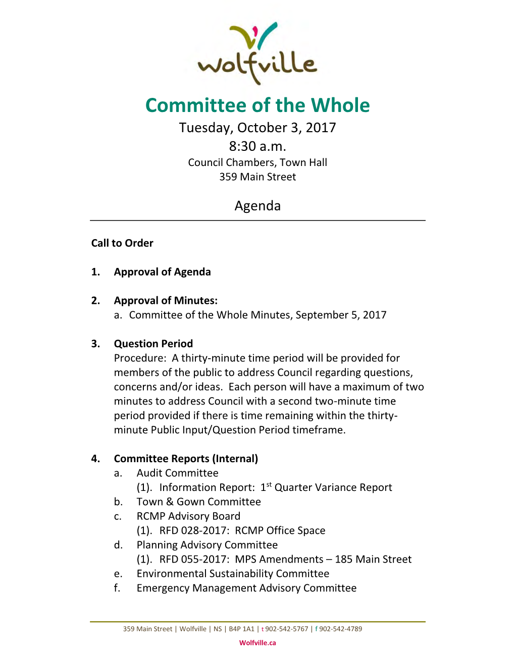 Committee of the Whole Tuesday, October 3, 2017 8:30 A.M