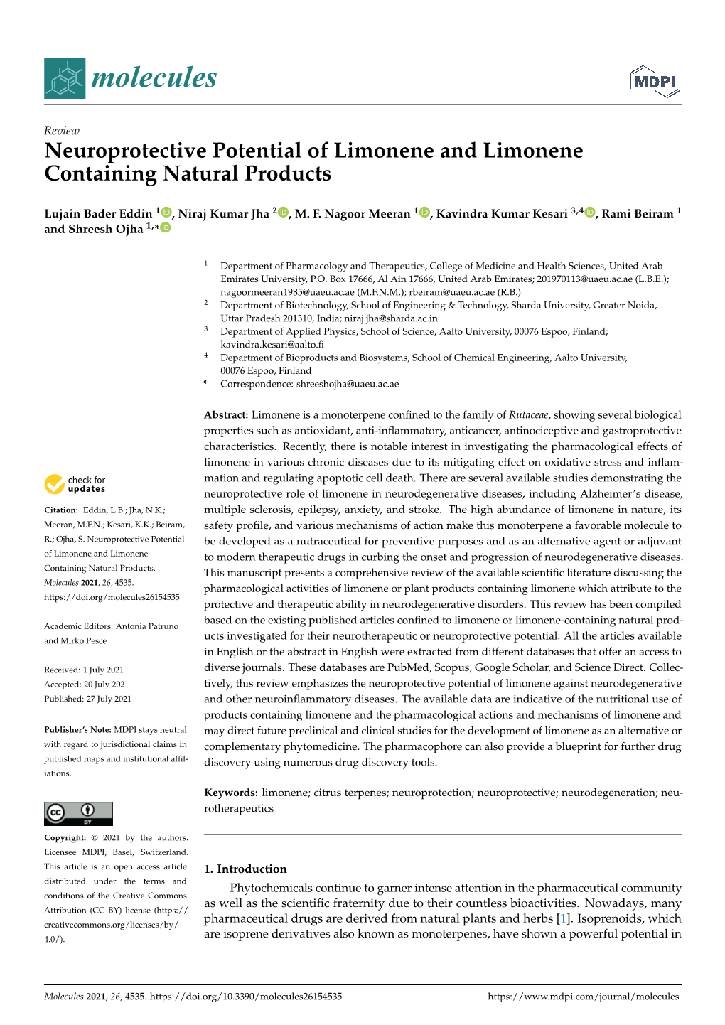 Neuroprotective Potential of Limonene and Limonene Containing Natural Products