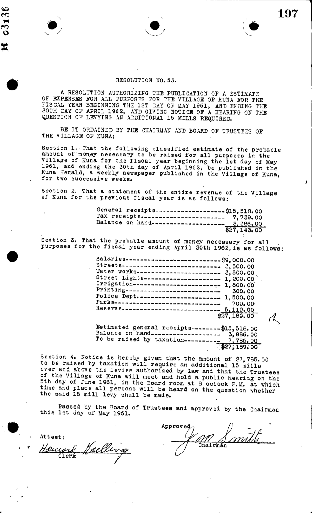 R53-1961 Authorizing Publication of Expenses Estimate