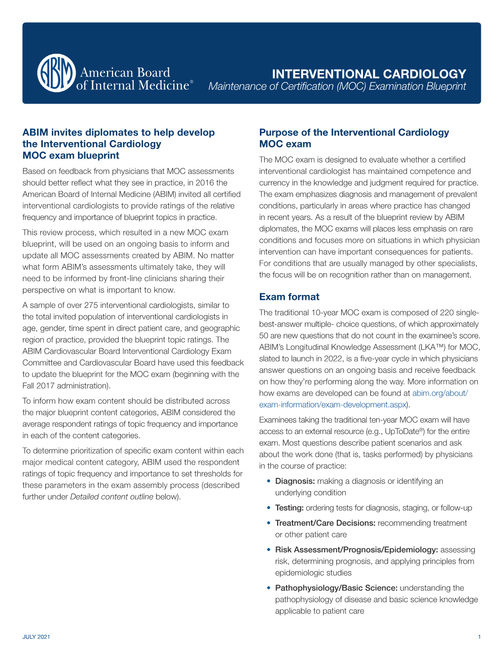 Interventional Cardiology MOC Exam Blueprint