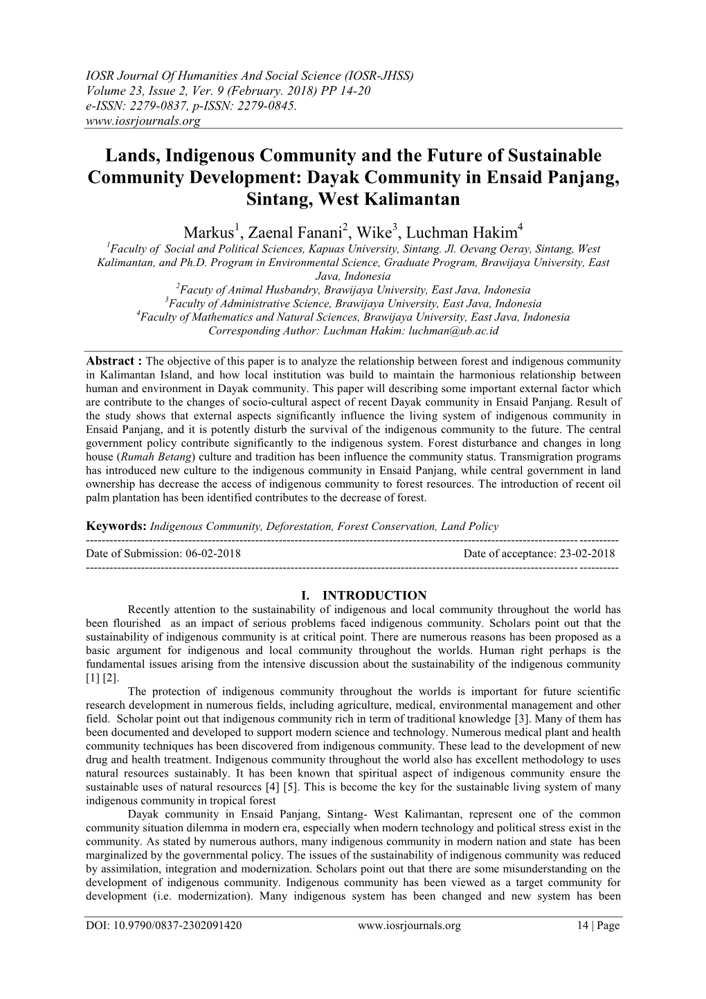 Lands, Indigenous Community and the Future of Sustainable Community Development: Dayak Community in Ensaid Panjang, Sintang, West Kalimantan