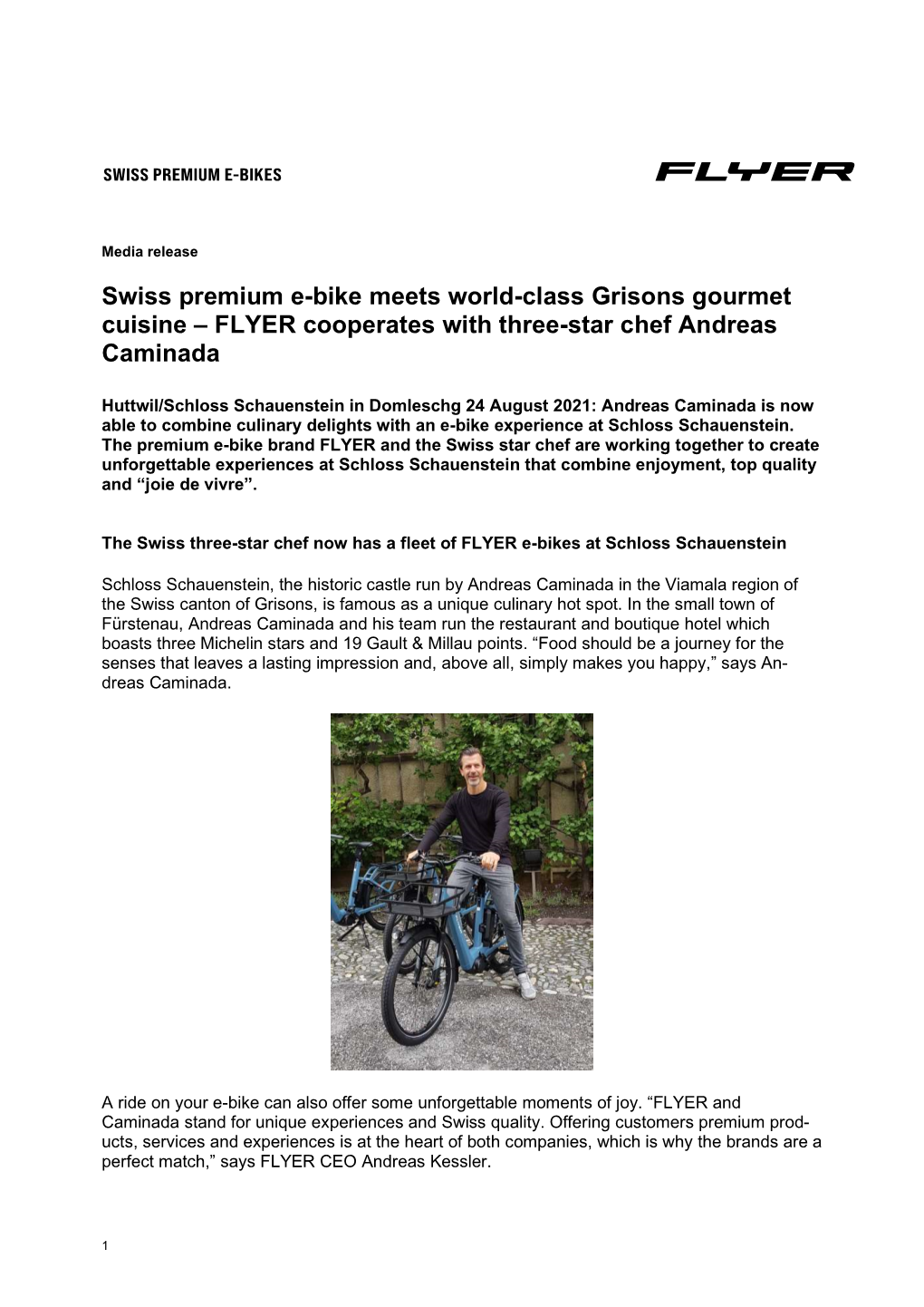 Swiss Premium E-Bike Meets World-Class Grisons Gourmet Cuisine – FLYER Cooperates with Three-Star Chef Andreas Caminada