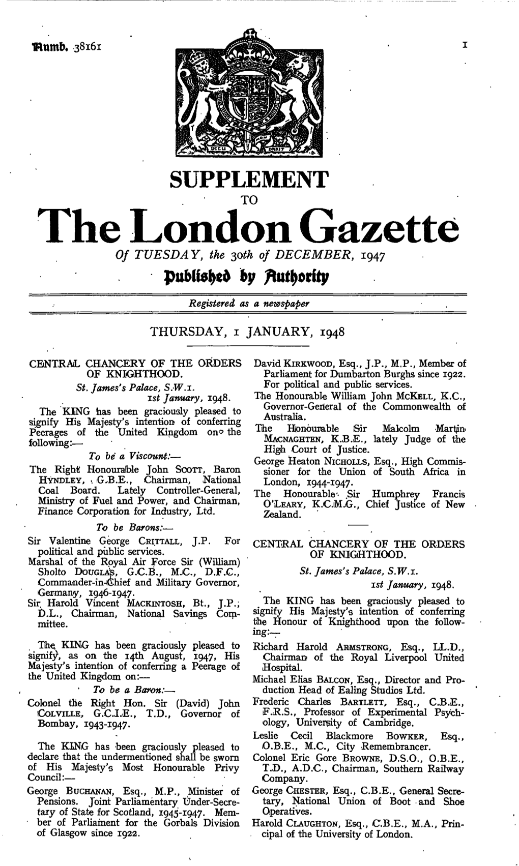 The London Gazette of TUESDAY, the Ytih of DECEMBER, 1947 By
