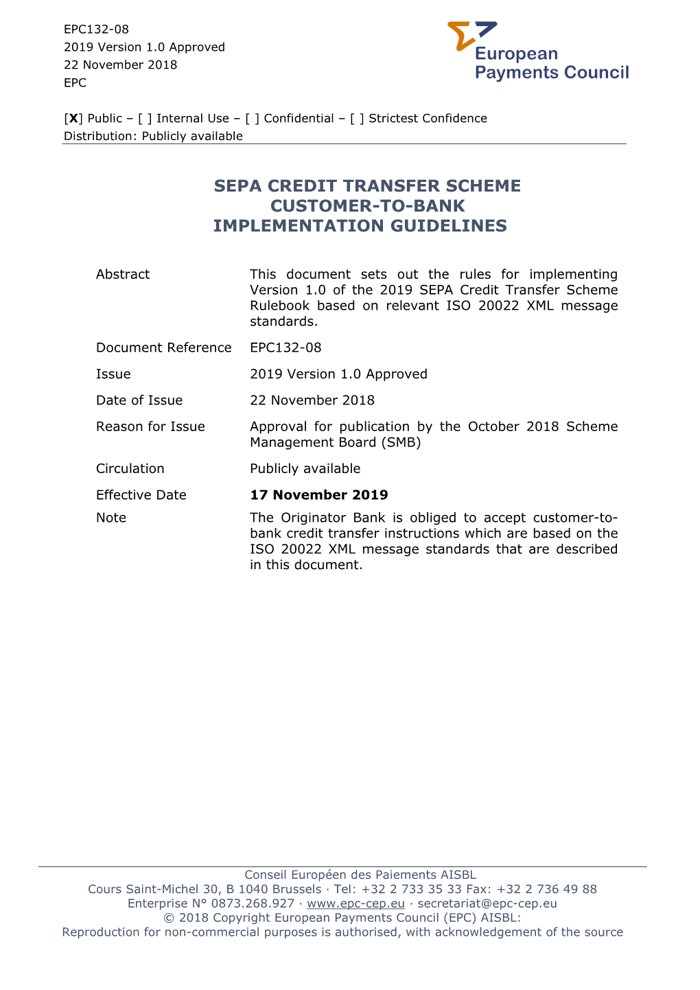 Sepa Credit Transfer Scheme Customer-To-Bank Implementation Guidelines