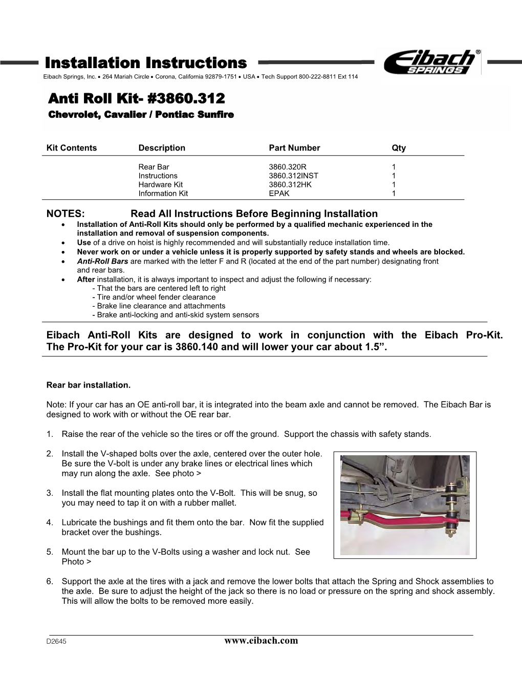 Installation Instructions Eibach Springs, Inc