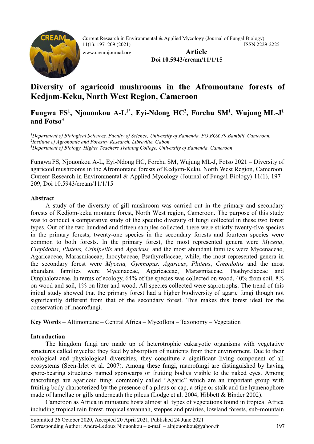 Diversity of Agaricoid Mushrooms in the Afromontane Forests of Kedjom-Keku, North West Region, Cameroon
