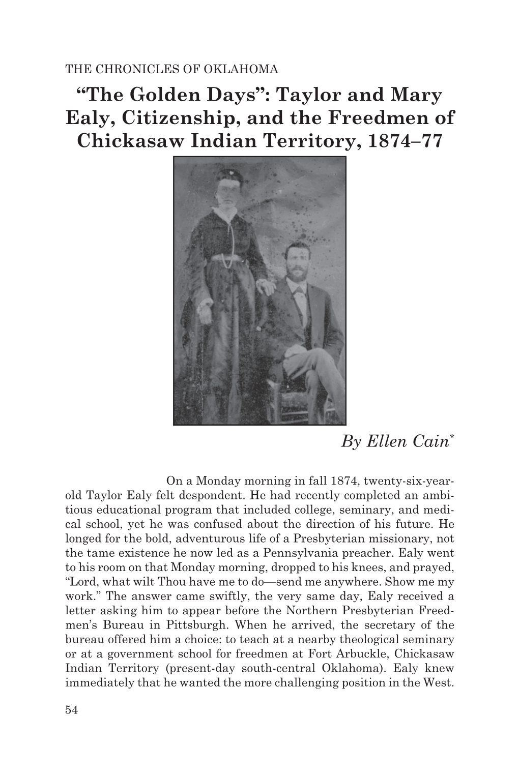 “The Golden Days”: Taylor and Mary Ealy, Citizenship, and the Freedmen of Chickasaw Indian Territory, 1874–77