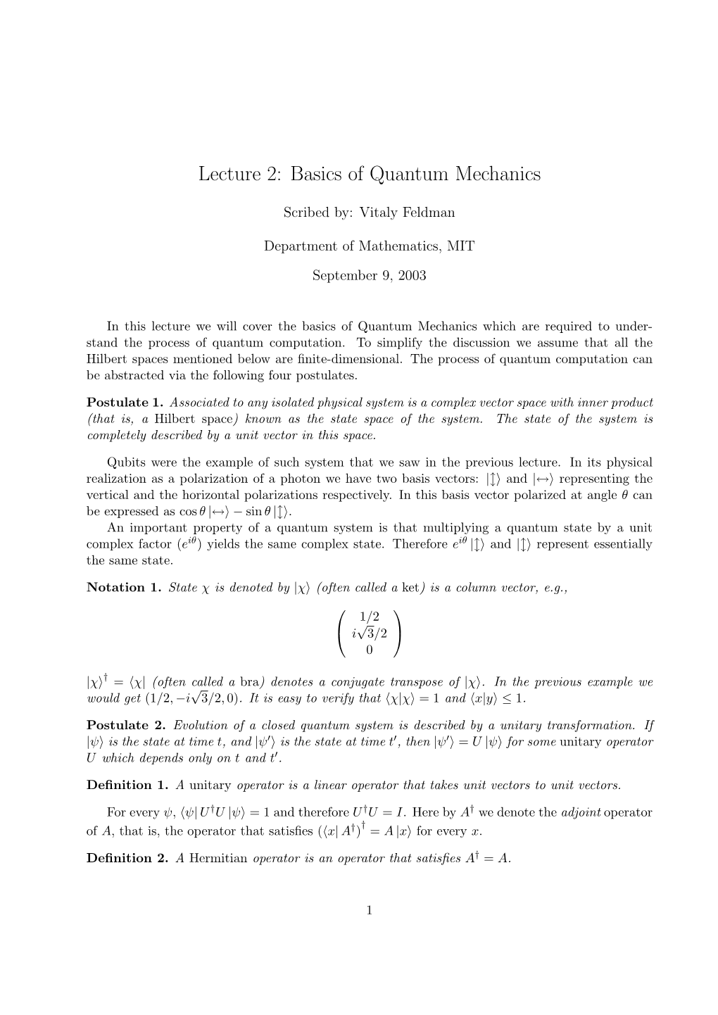 Lecture 2: Basics of Quantum Mechanics