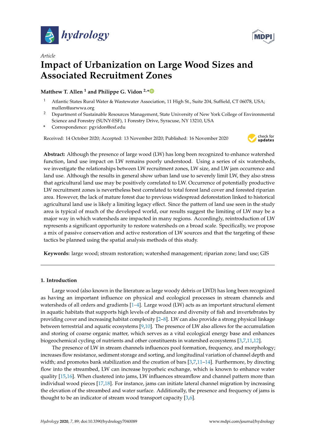 Impact of Urbanization on Large Wood Sizes and Associated Recruitment Zones