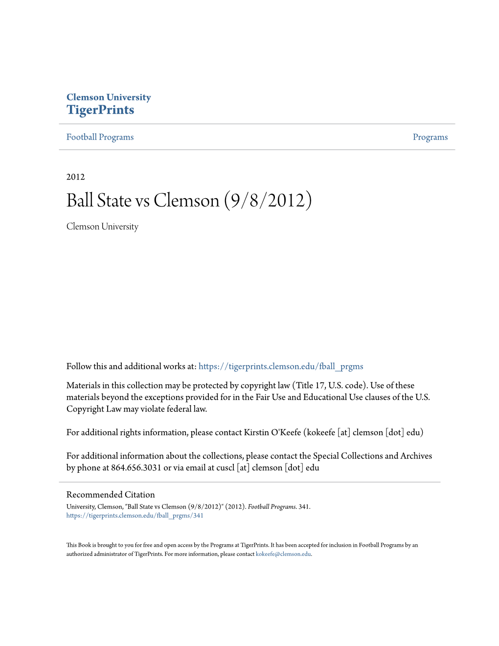 Ball State Vs Clemson (9/8/2012) Clemson University