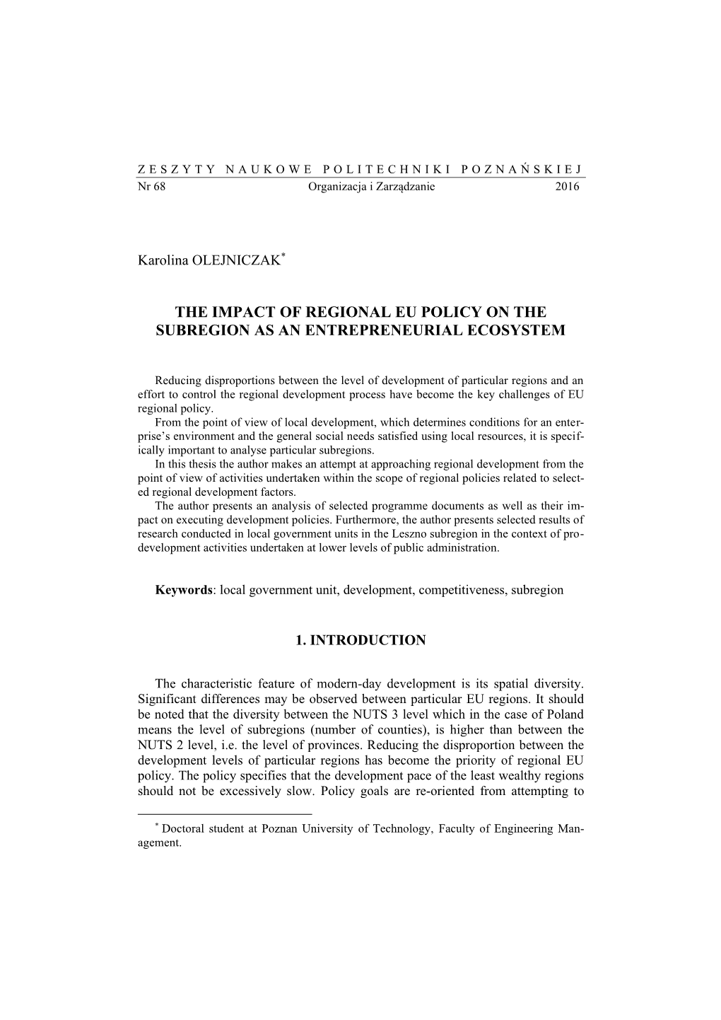 The Impact of Regional Eu Policy on the Subregion As an Entrepreneurial Ecosystem