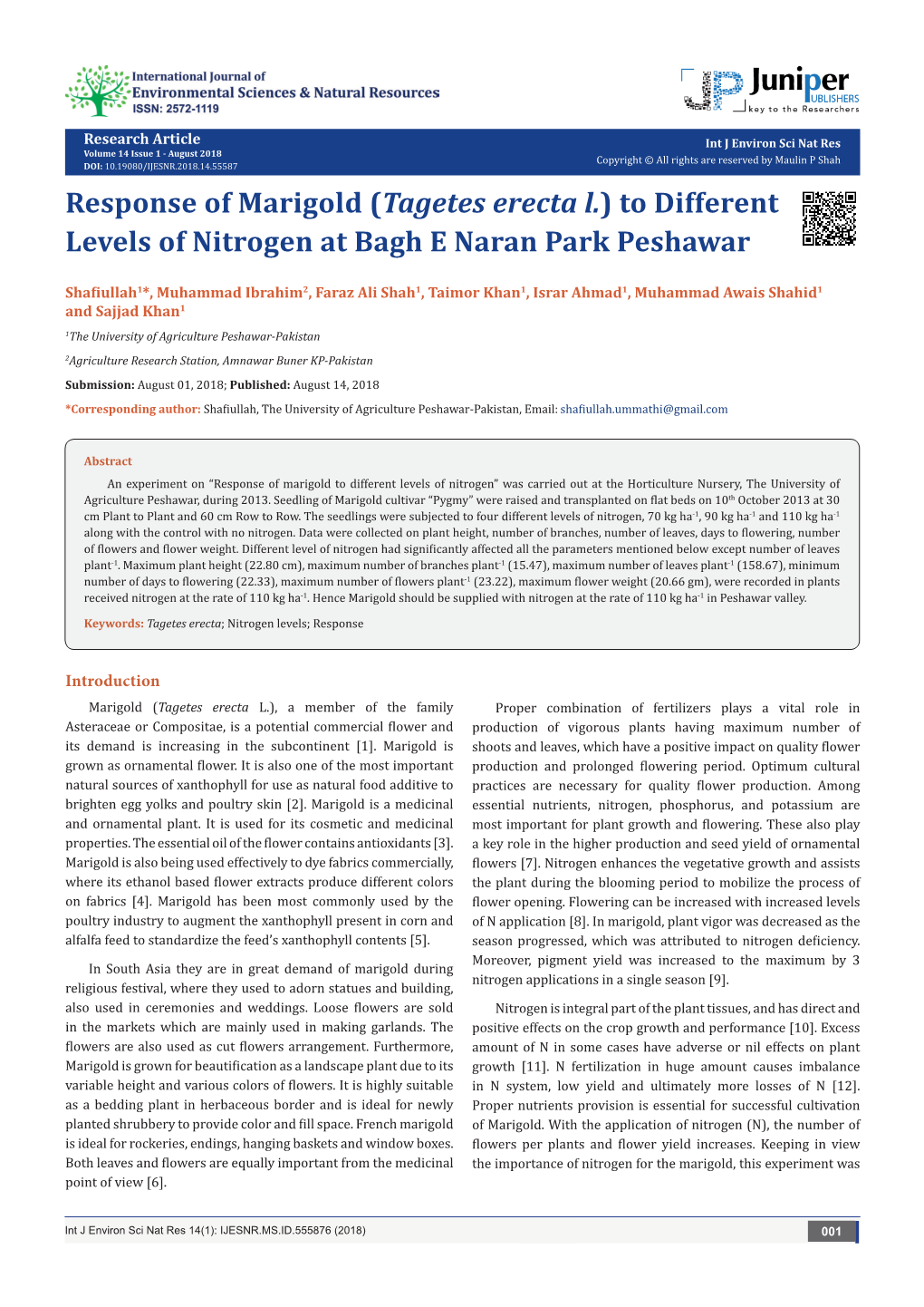 Response of Marigold (Tagetes Erecta L.) to Different Levels of Nitrogen at Bagh E Naran Park Peshawar