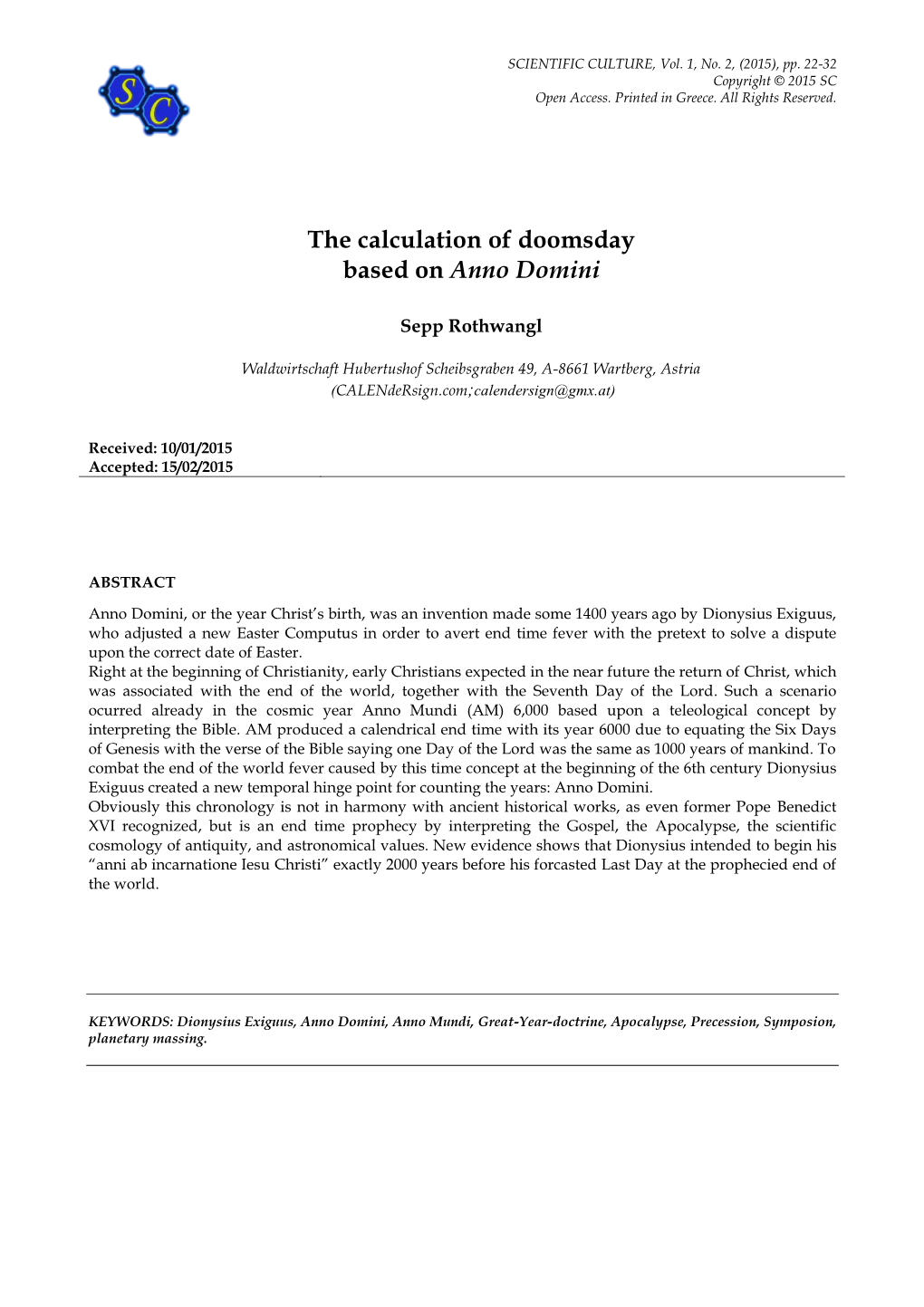 The Calculation of Doomsday Based on Anno Domini