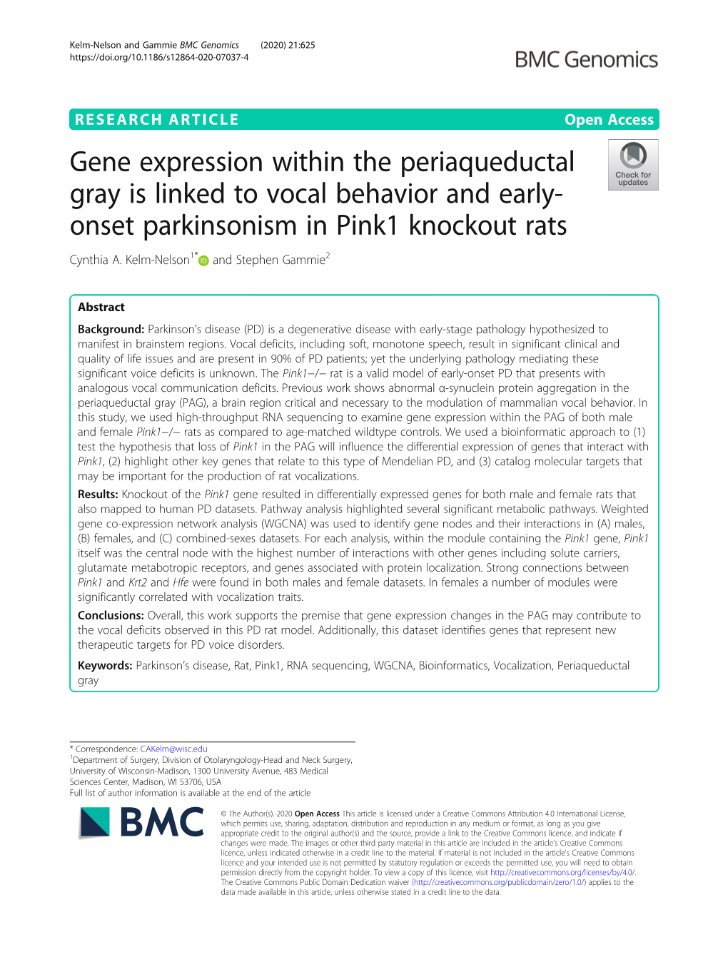 Gene Expression Within the Periaqueductal Gray Is Linked to Vocal Behavior and Early- Onset Parkinsonism in Pink1 Knockout Rats Cynthia A
