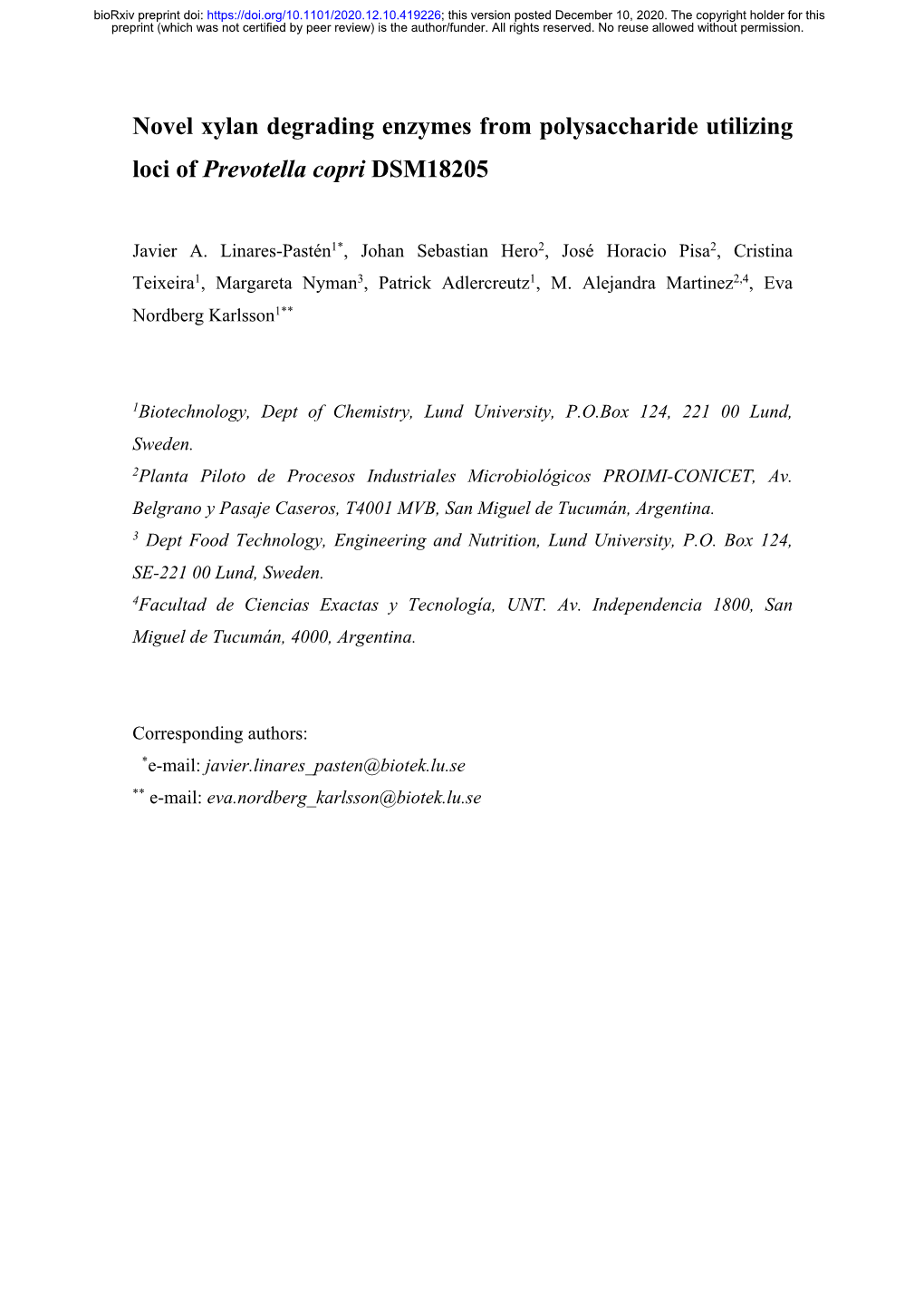 Novel Xylan Degrading Enzymes from Polysaccharide Utilizing Loci of Prevotella Copri DSM18205