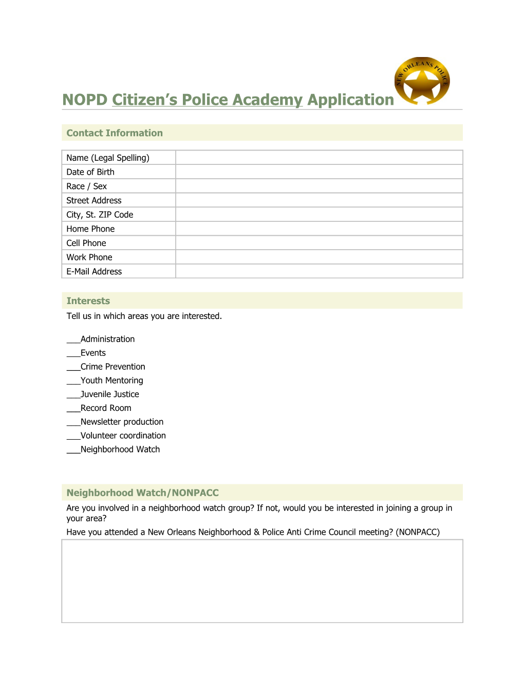 NOPD Citizen Academy Application