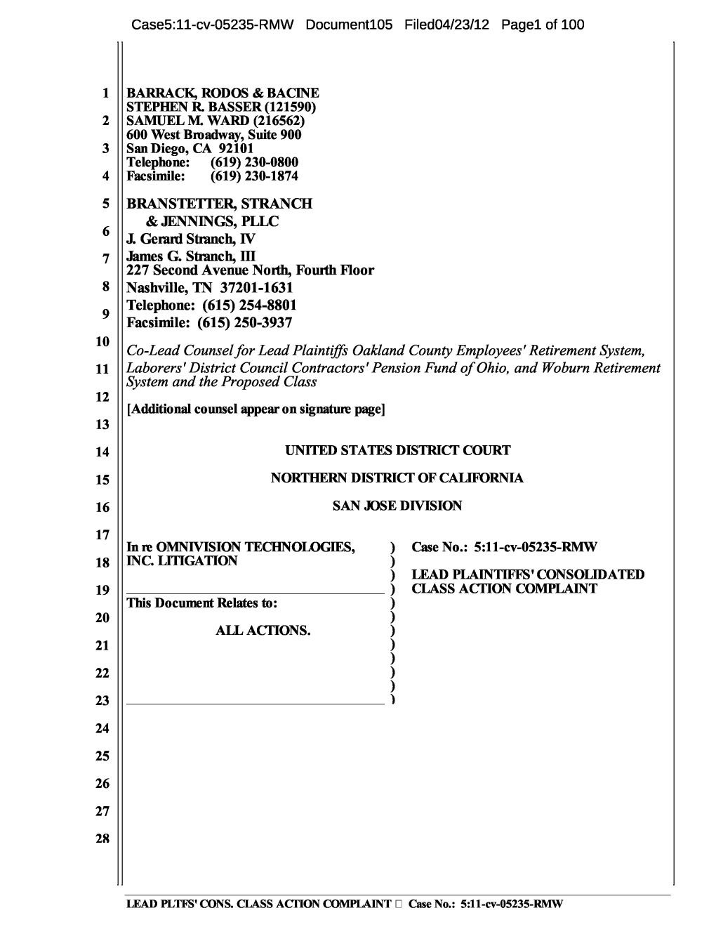 In Re Omnivision Technologies, Inc. Litigation 11-CV-05235-Lead