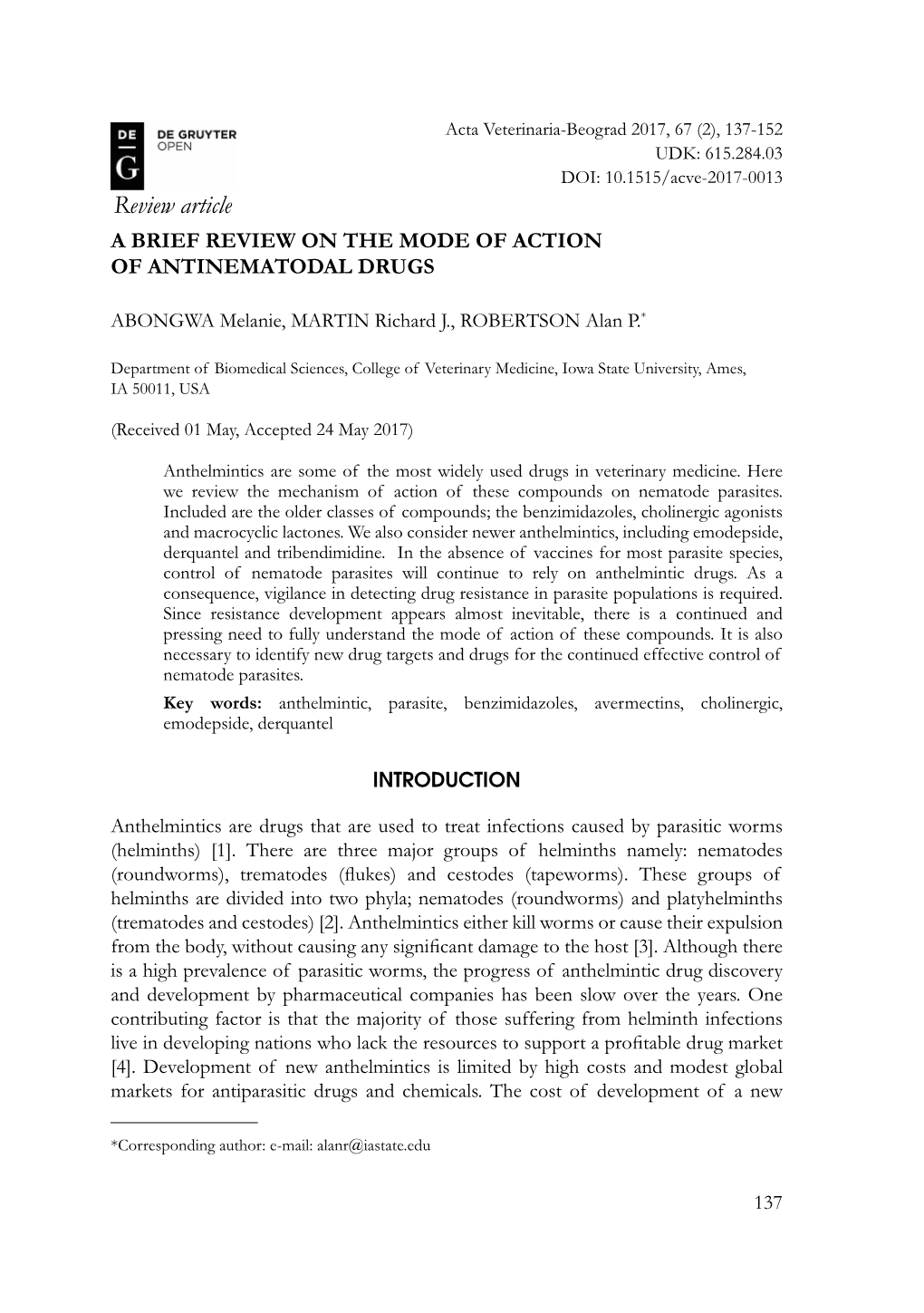 Review Article a BRIEF REVIEW on the MODE of ACTION of ANTINEMATODAL DRUGS