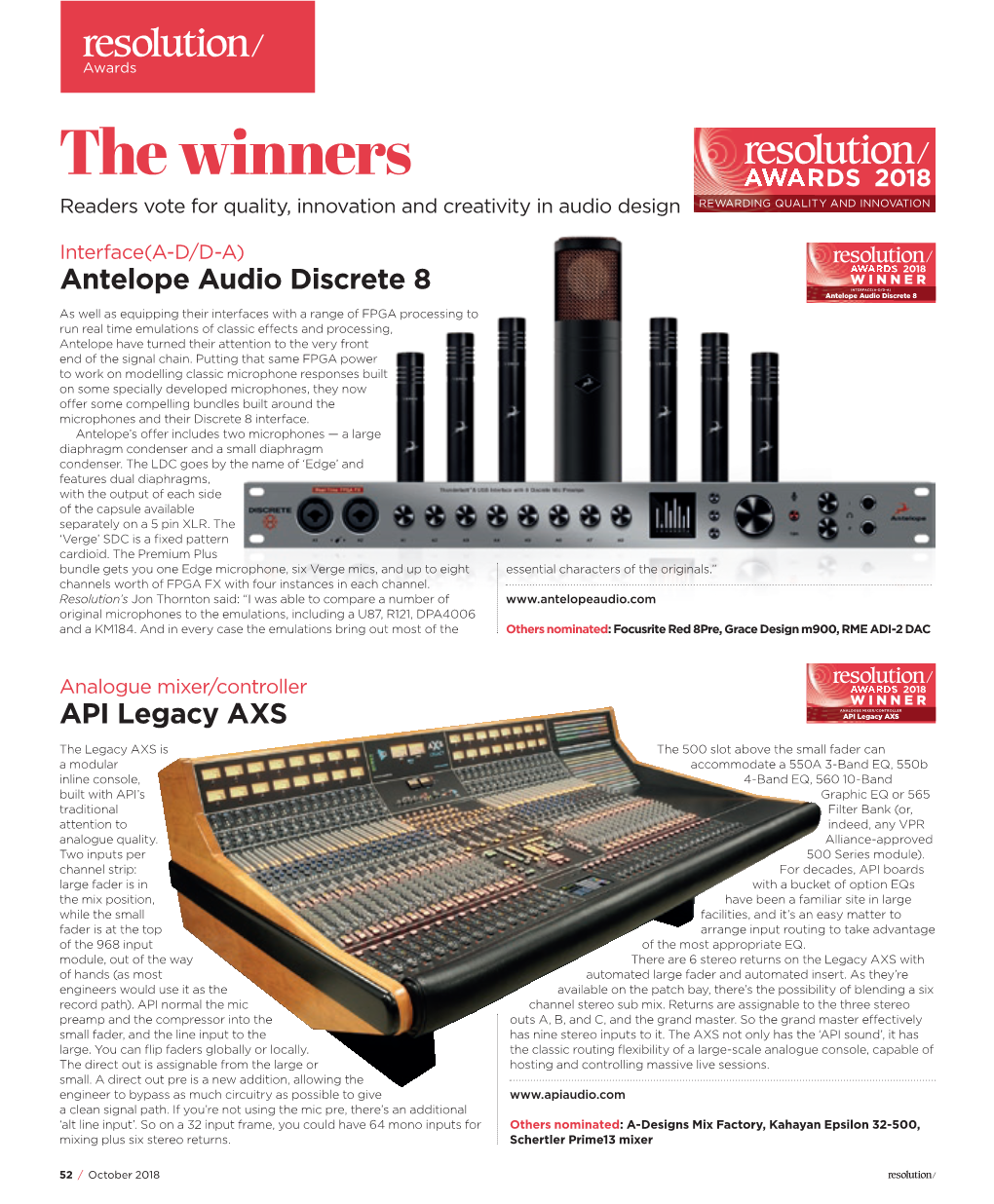 The Winners AWA R DS 2018 Readers Vote for Quality, Innovation and Creativity in Audio Design REWARDING QUALITY and INNOVATION